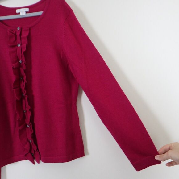 Garnet Hill Size M 100% Merino Wool Ruffle Cardigan Fine Knit Pink Fuchsia - Picture 6 of 9
